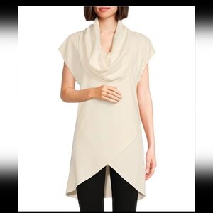 Lavinia Stretch Jersey Modal Ponte Cowl Neck Short Sleeve Crossover Hem Tunic